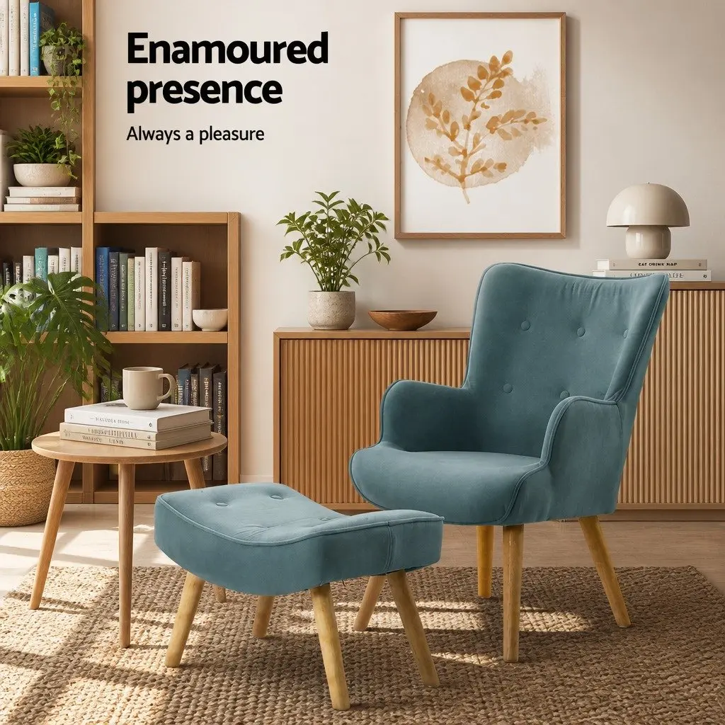 Armchair Set with Ottoman in Blue