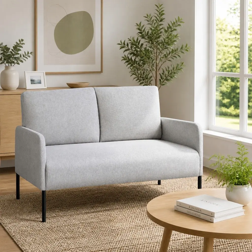 2 Seater Sofa Armchair Lounge Chair Grey Linen Cushioned Seat