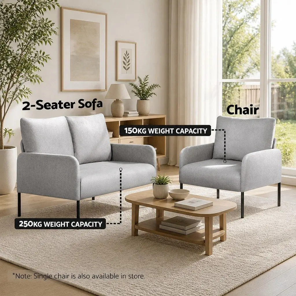 2 Seater Sofa Armchair Lounge Chair Grey Linen Cushioned Seat