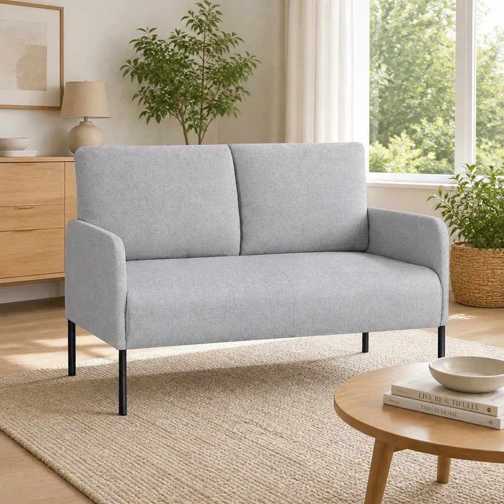 2 Seater Sofa Armchair Lounge Chair Grey Linen Cushioned Seat