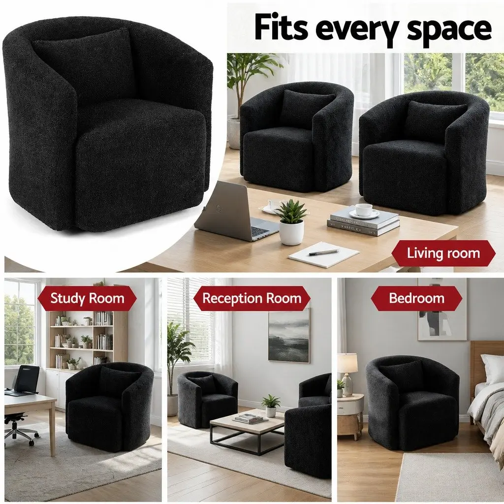 Round Swivel Armchair with Sherpa Fleece Upholstery Black Living Room Bedroom