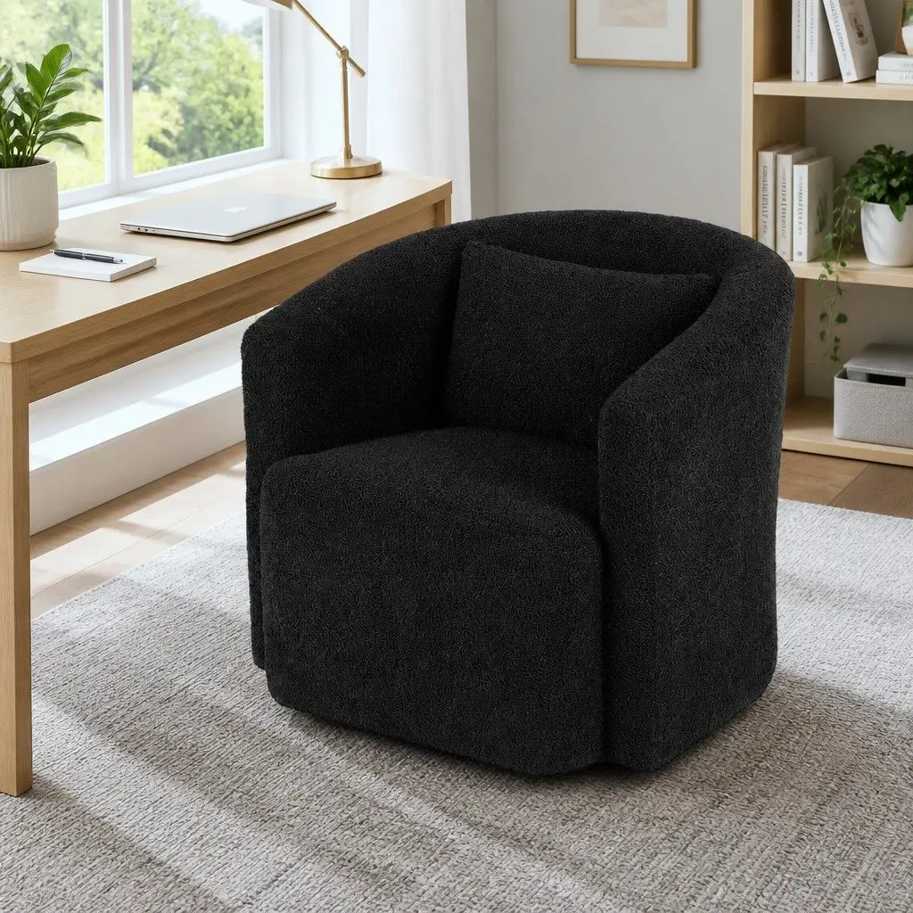 Round Swivel Armchair with Sherpa Fleece Upholstery Black Living Room Bedroom