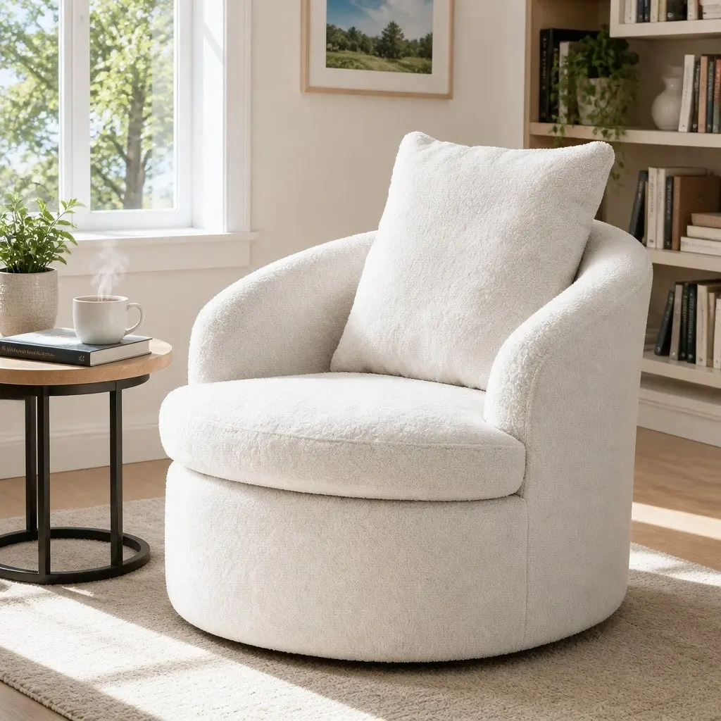 Round Swivel Armchair White Sherpa Fleece 360 Degree Rotating Living Room Chair