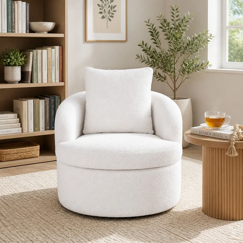 Round Swivel Armchair White Sherpa Fleece 360 Degree Rotating Living Room Chair