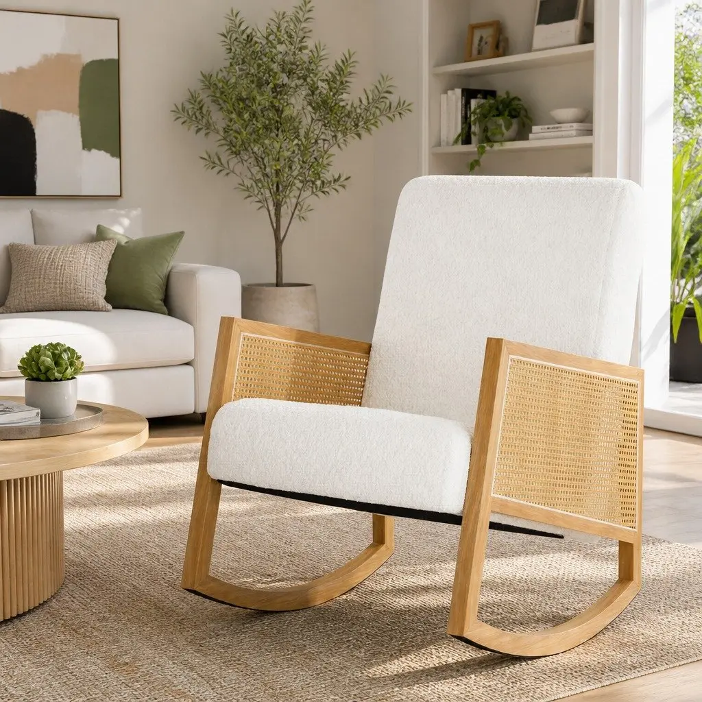 Rocking Chair Armchair Boucle Rattan White Relaxing Nursing Furniture