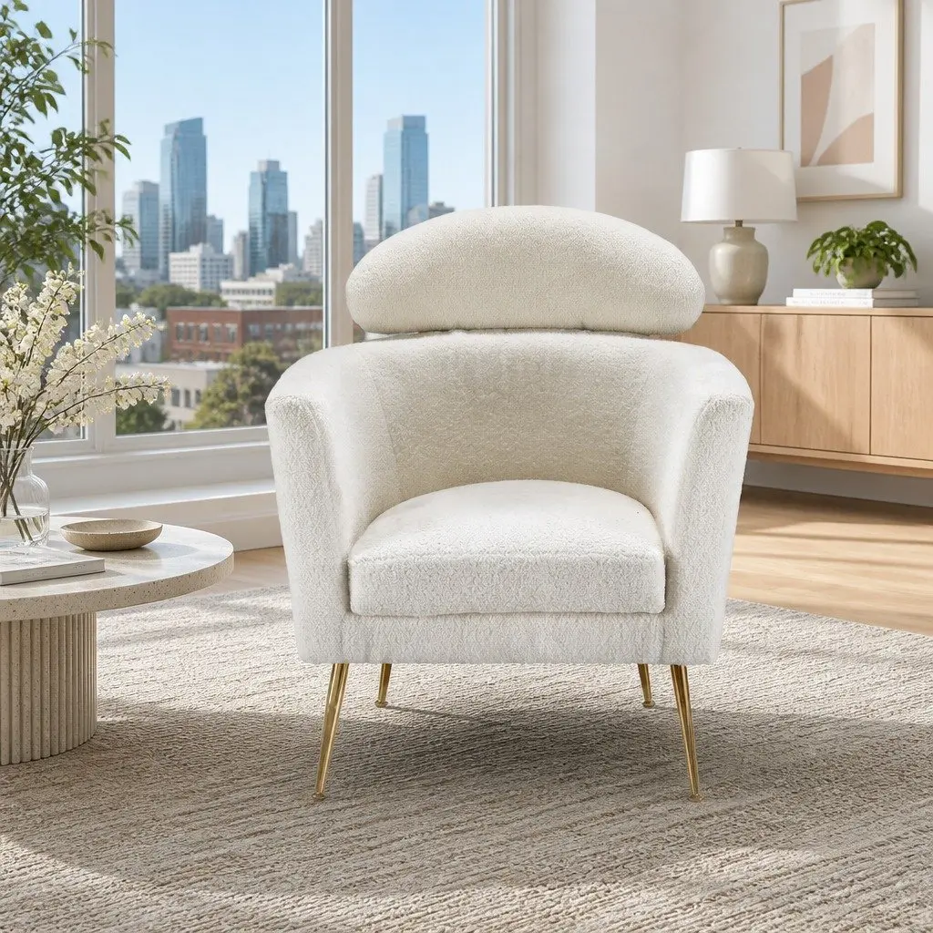 White Armchair with Boucle Fabric and Metal Frame