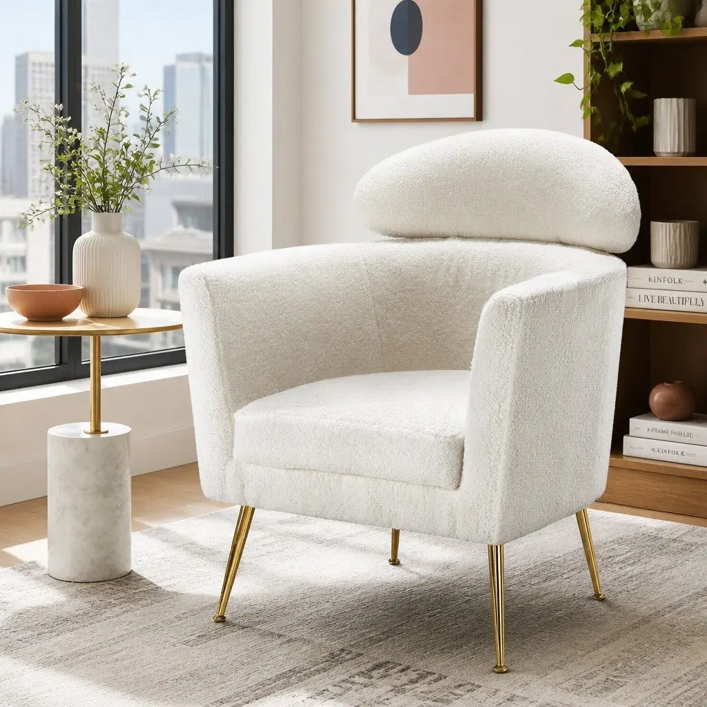 White Armchair with Boucle Fabric and Metal Frame