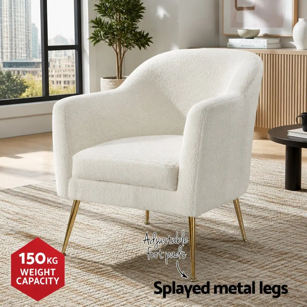 White Armchair with Boucle Fabric and Metal Frame