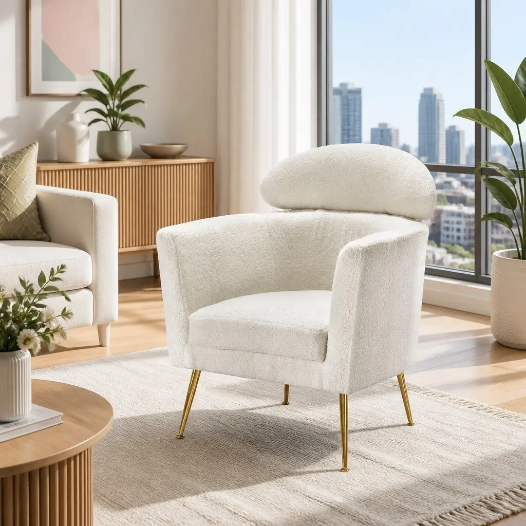 White Armchair with Boucle Fabric and Metal Frame