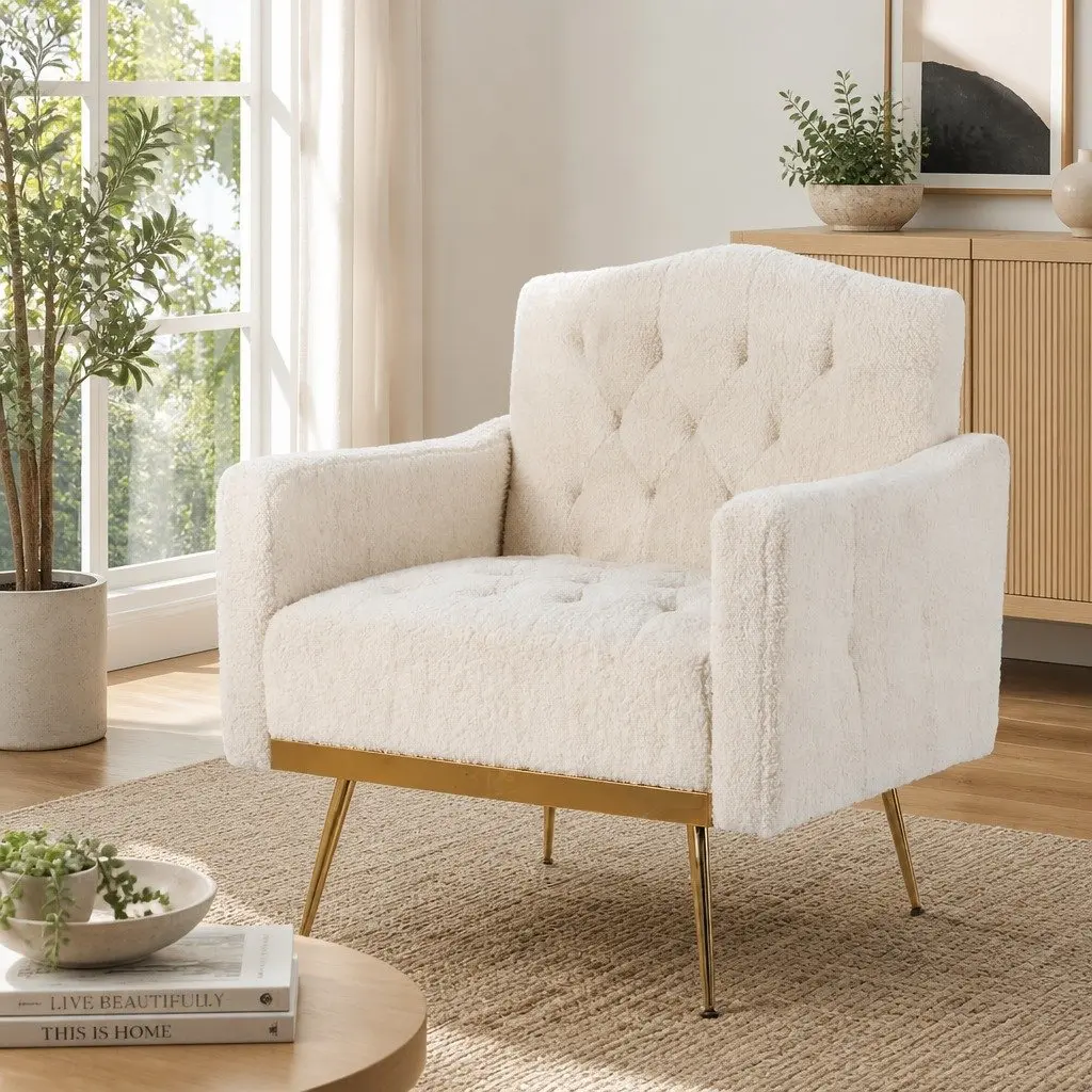 Beige Boucle Armchair Modern Scandinavian Design Cushioned Lounge Chair Home