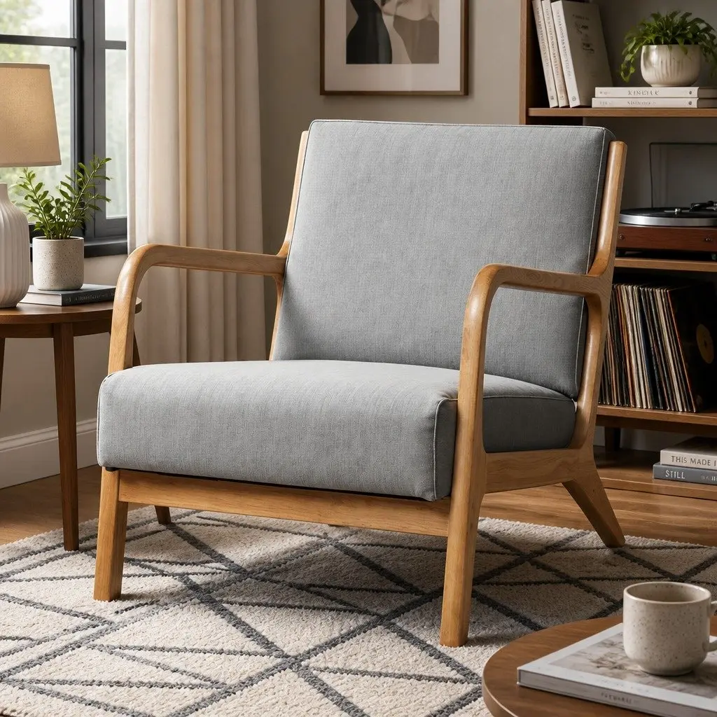 Armchair Fabric Light Grey Lounge Seating Relaxation Chair with Rubber Wood Legs