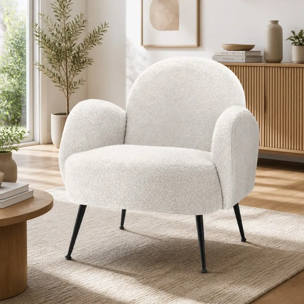 White Boucle Armchair with Steel Frame