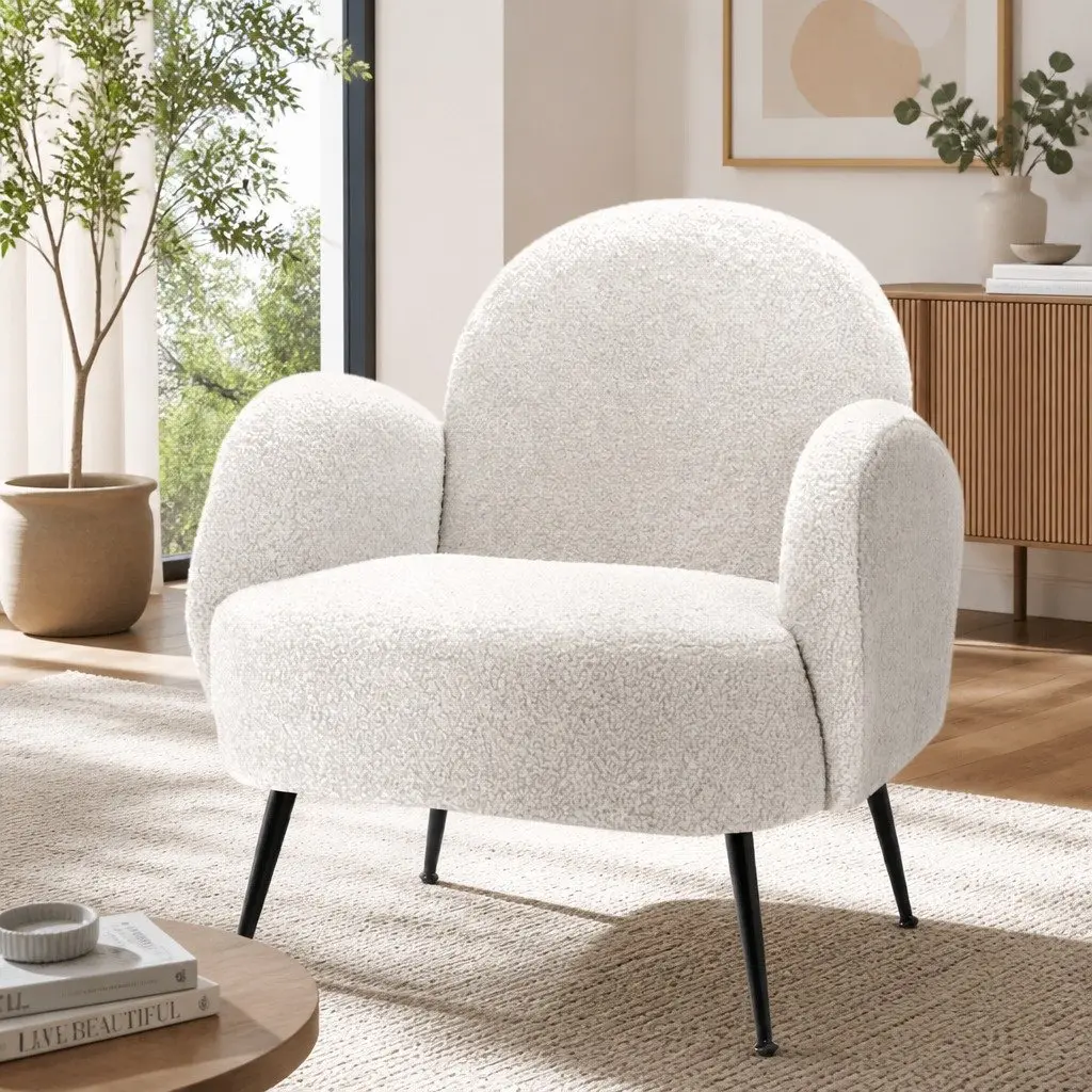 White Boucle Armchair with Steel Frame