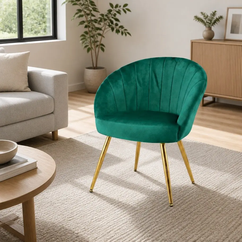 Green Velvet Armchair for Living Room Extra Wide Seat with Golden Legs