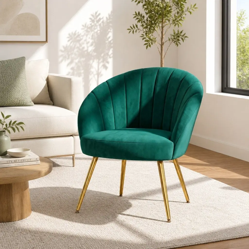 Green Velvet Armchair for Living Room Extra Wide Seat with Golden Legs