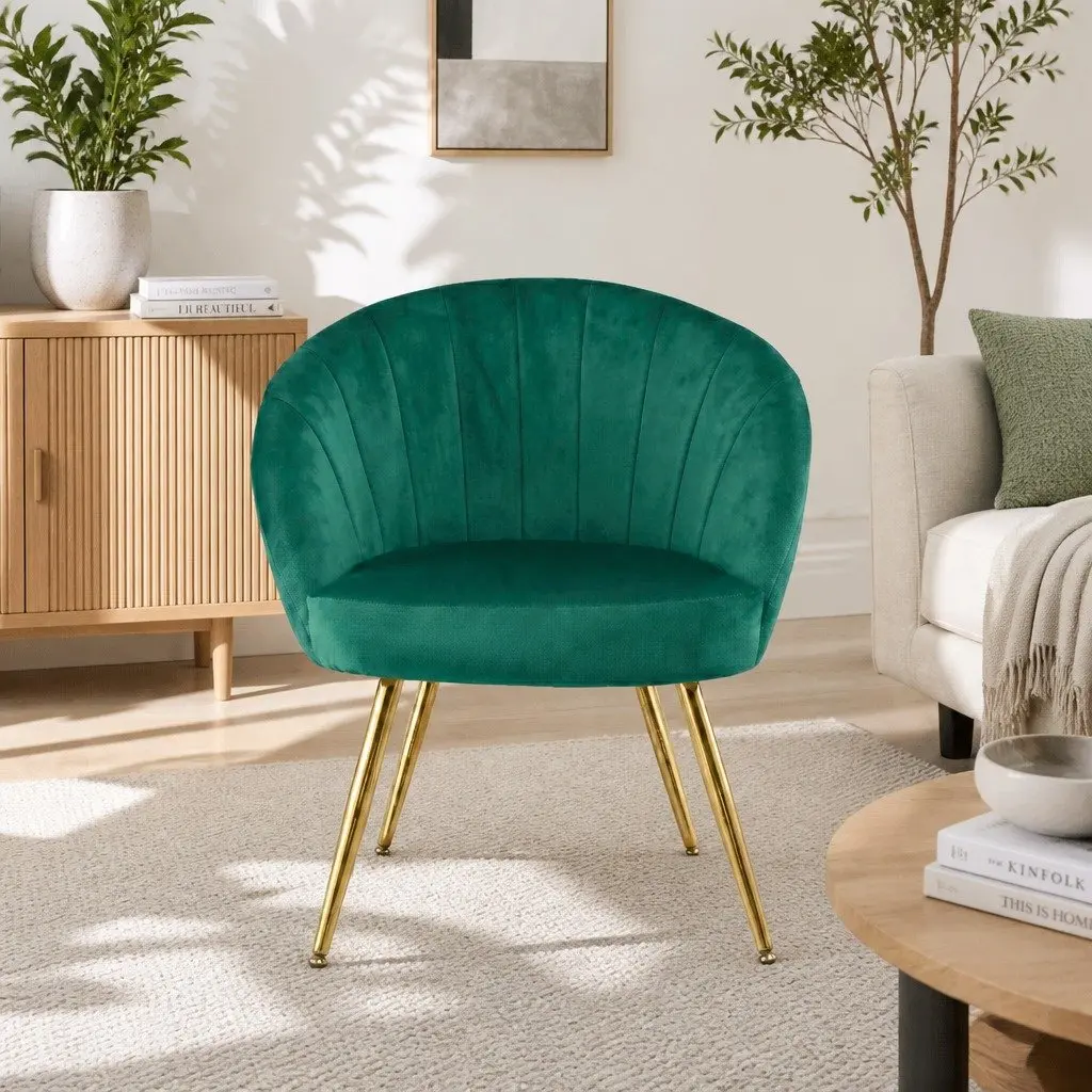 Green Velvet Armchair for Living Room Extra Wide Seat with Golden Legs