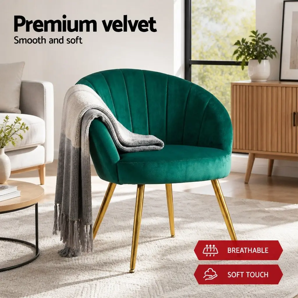 Green Velvet Armchair for Living Room Extra Wide Seat with Golden Legs