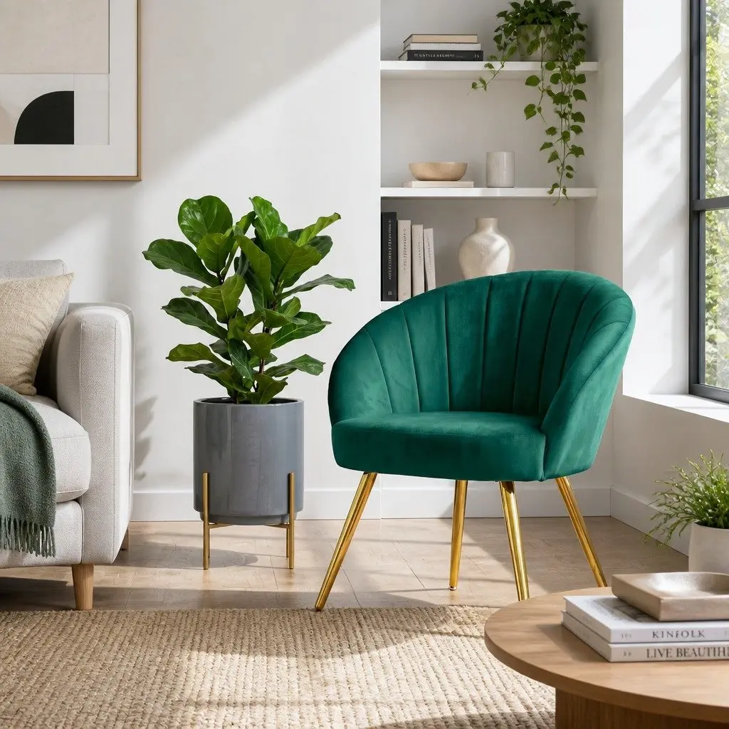 Green Velvet Armchair for Living Room Extra Wide Seat with Golden Legs