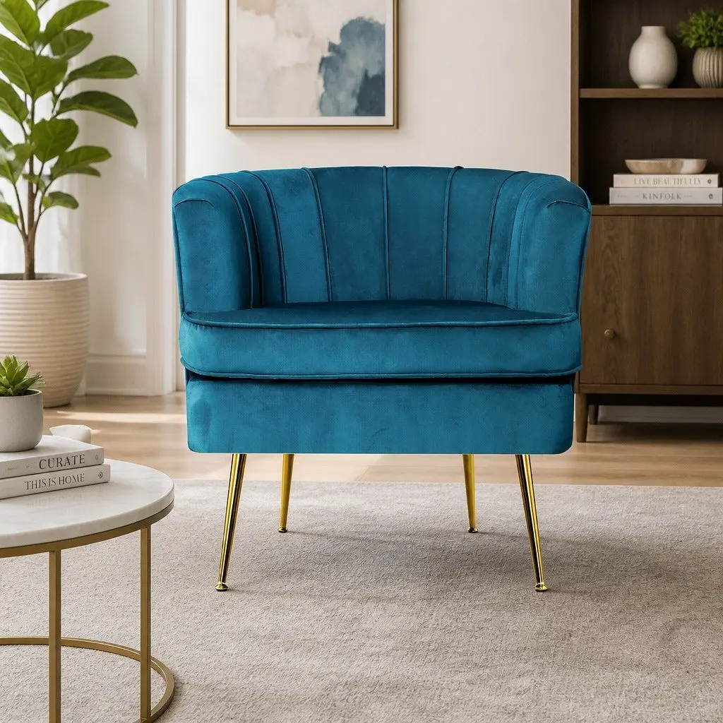 Armchair Velvet Navy Blue Accent Chair with Splayed Metal Legs Living Room