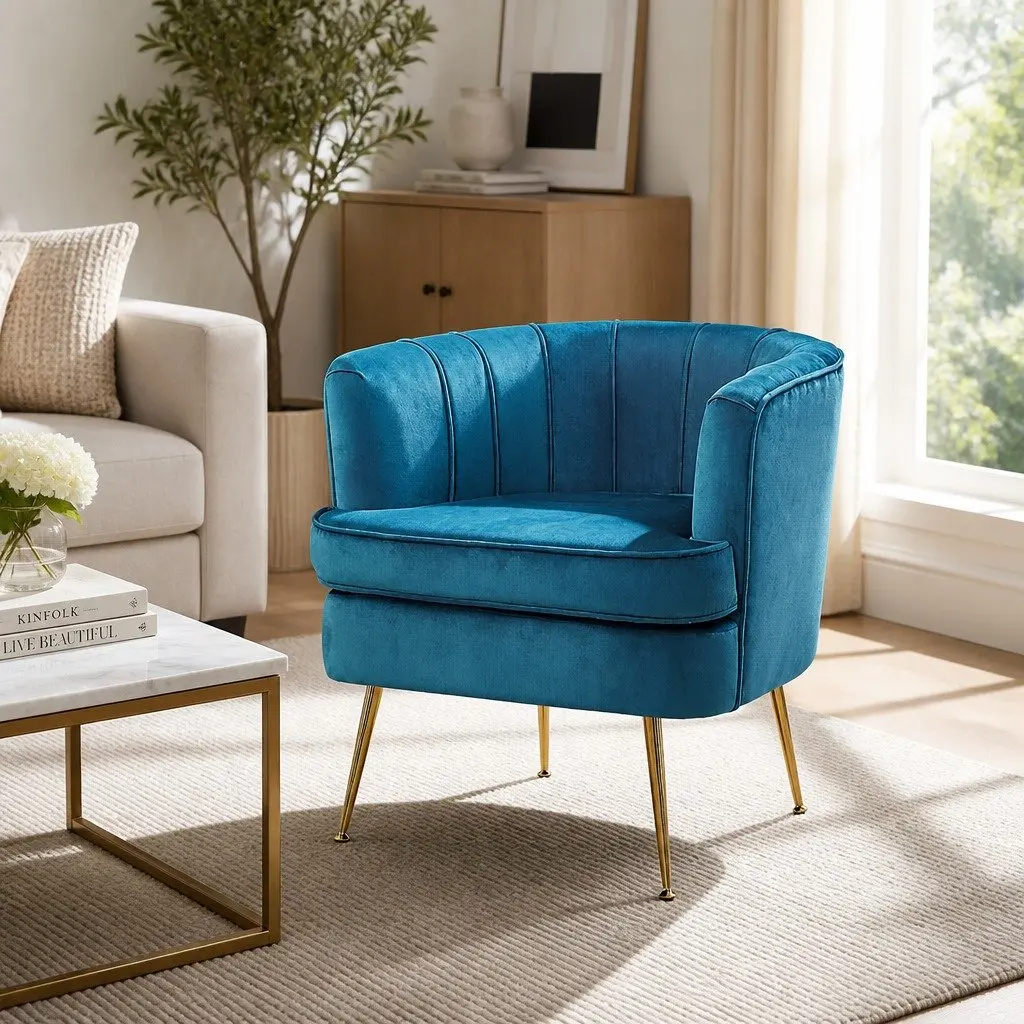 Armchair Velvet Navy Blue Accent Chair with Splayed Metal Legs Living Room