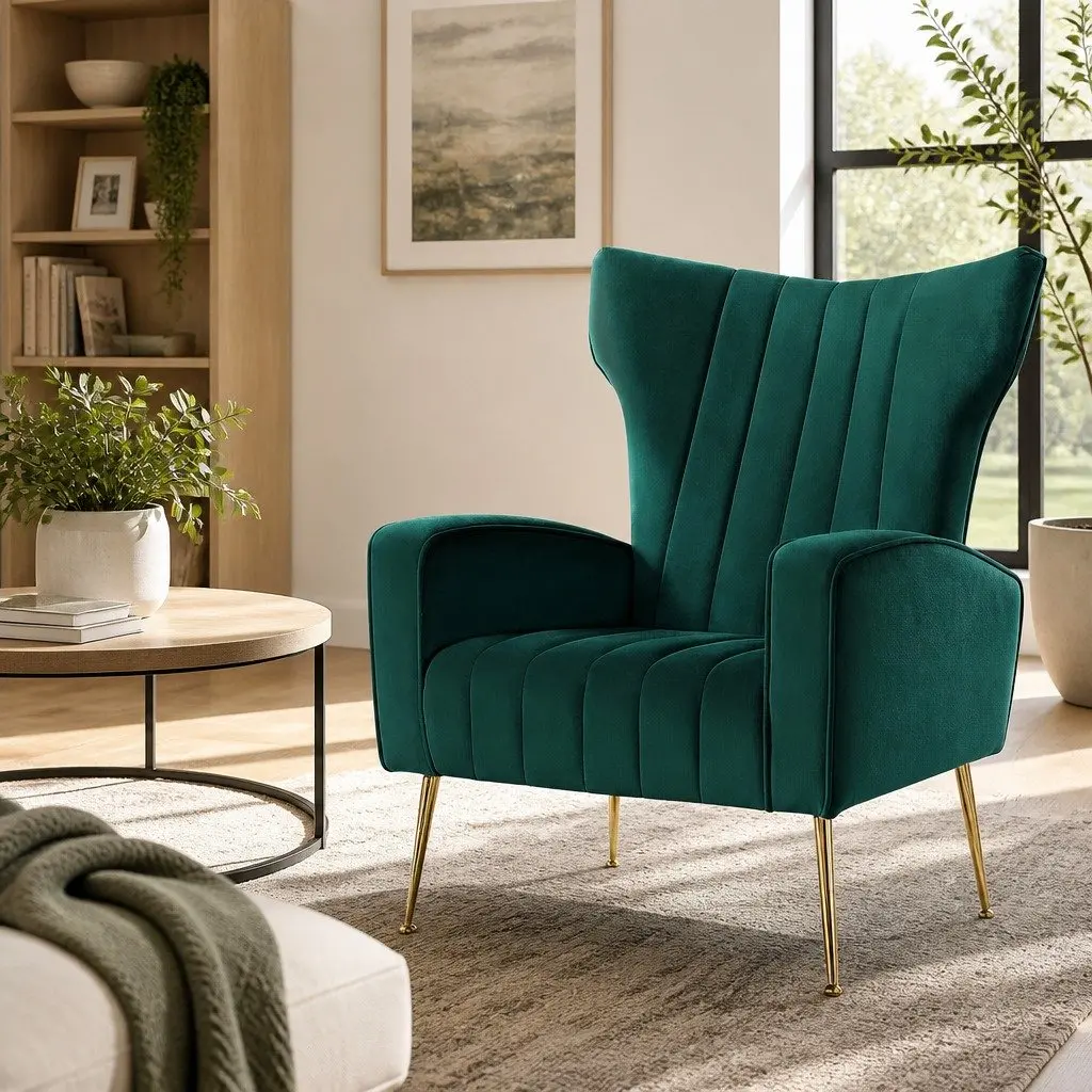 Green Velvet High Back Armchair