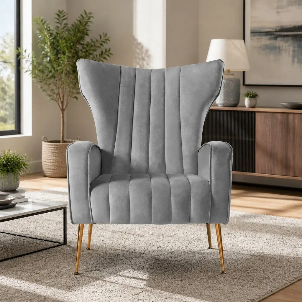 Grey Velvet Armchair with High Back
