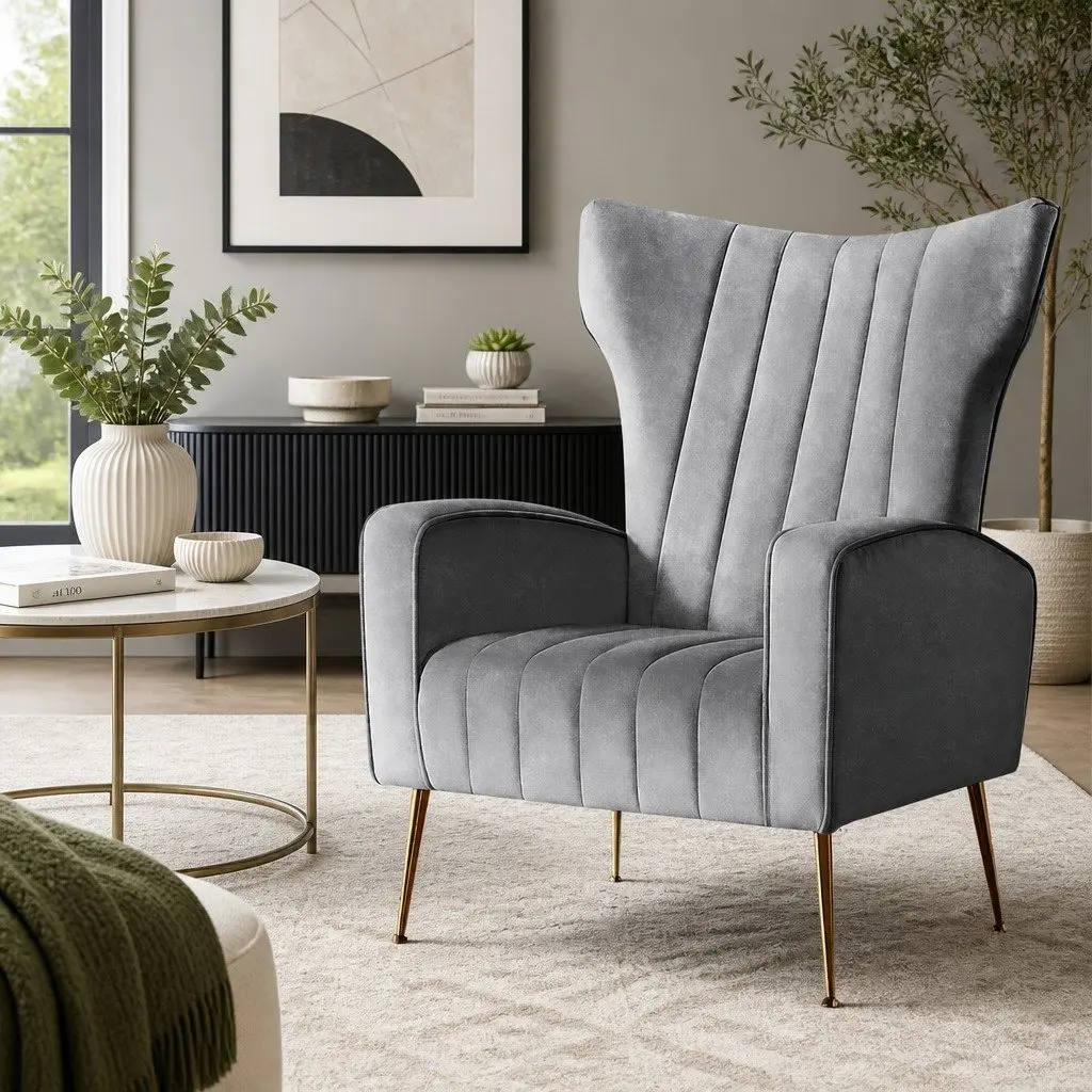 Grey Velvet Armchair with High Back