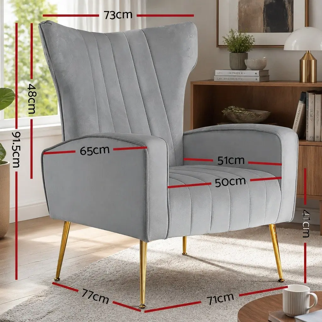 Grey Velvet Armchair with High Back
