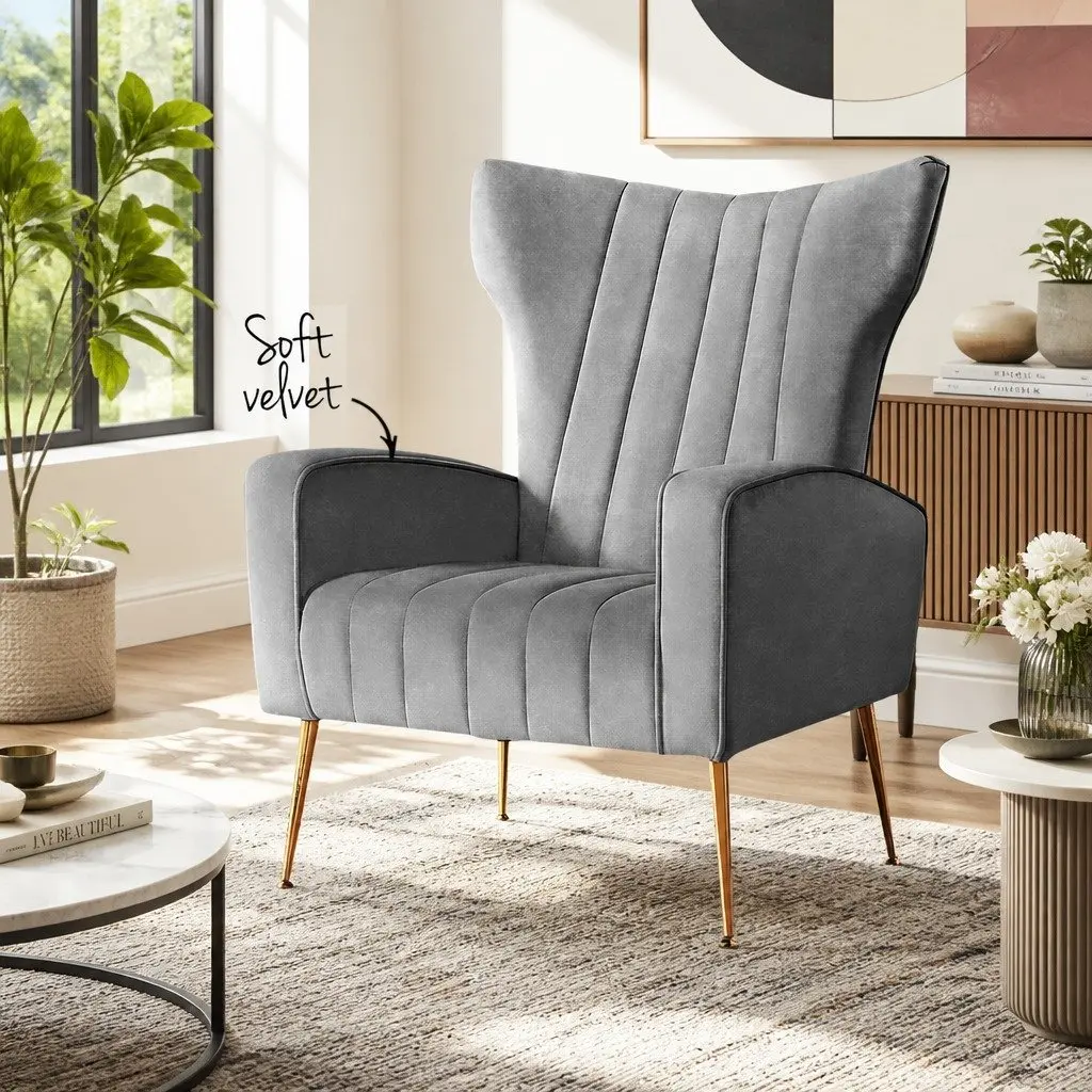 Grey Velvet Armchair with High Back
