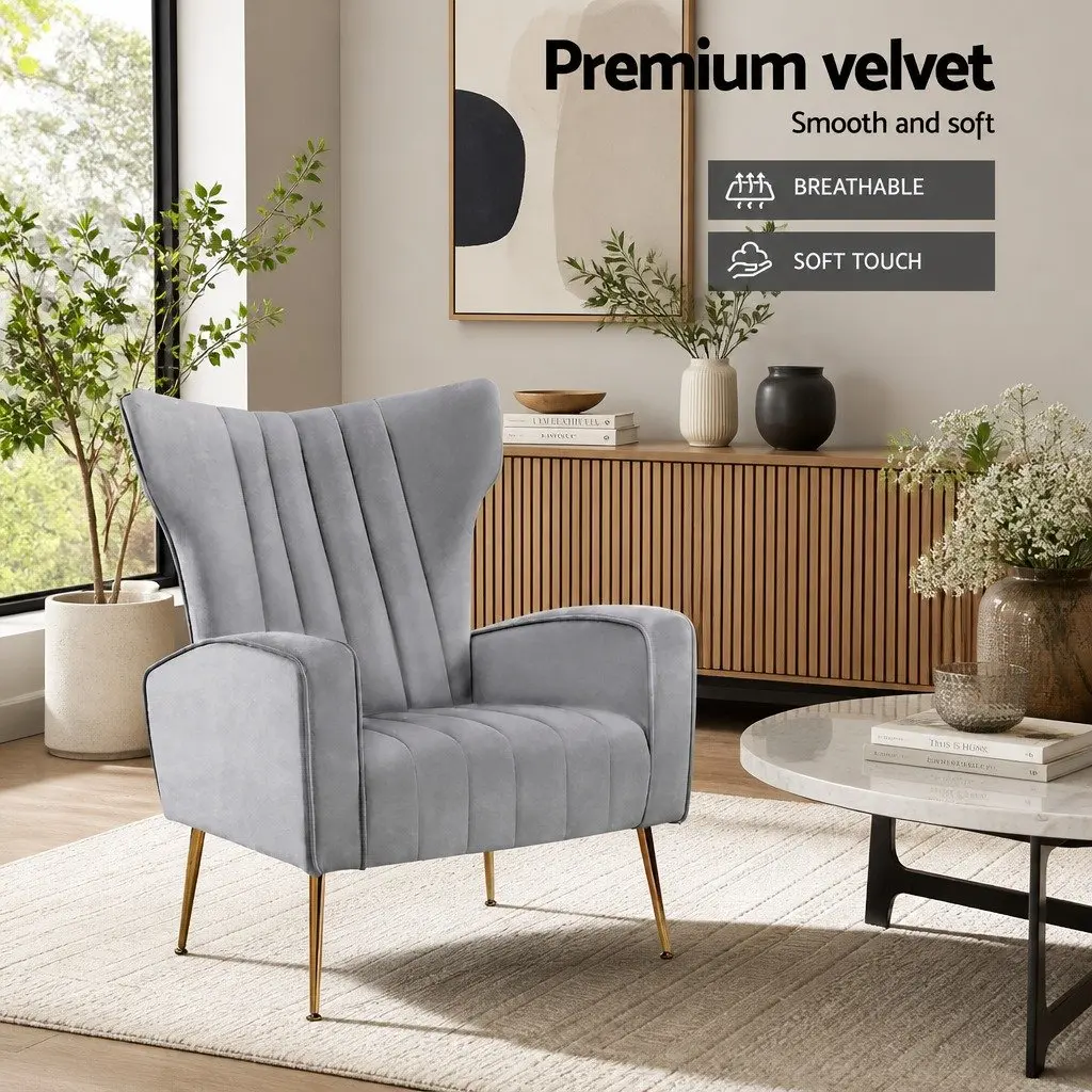 Grey Velvet Armchair with High Back
