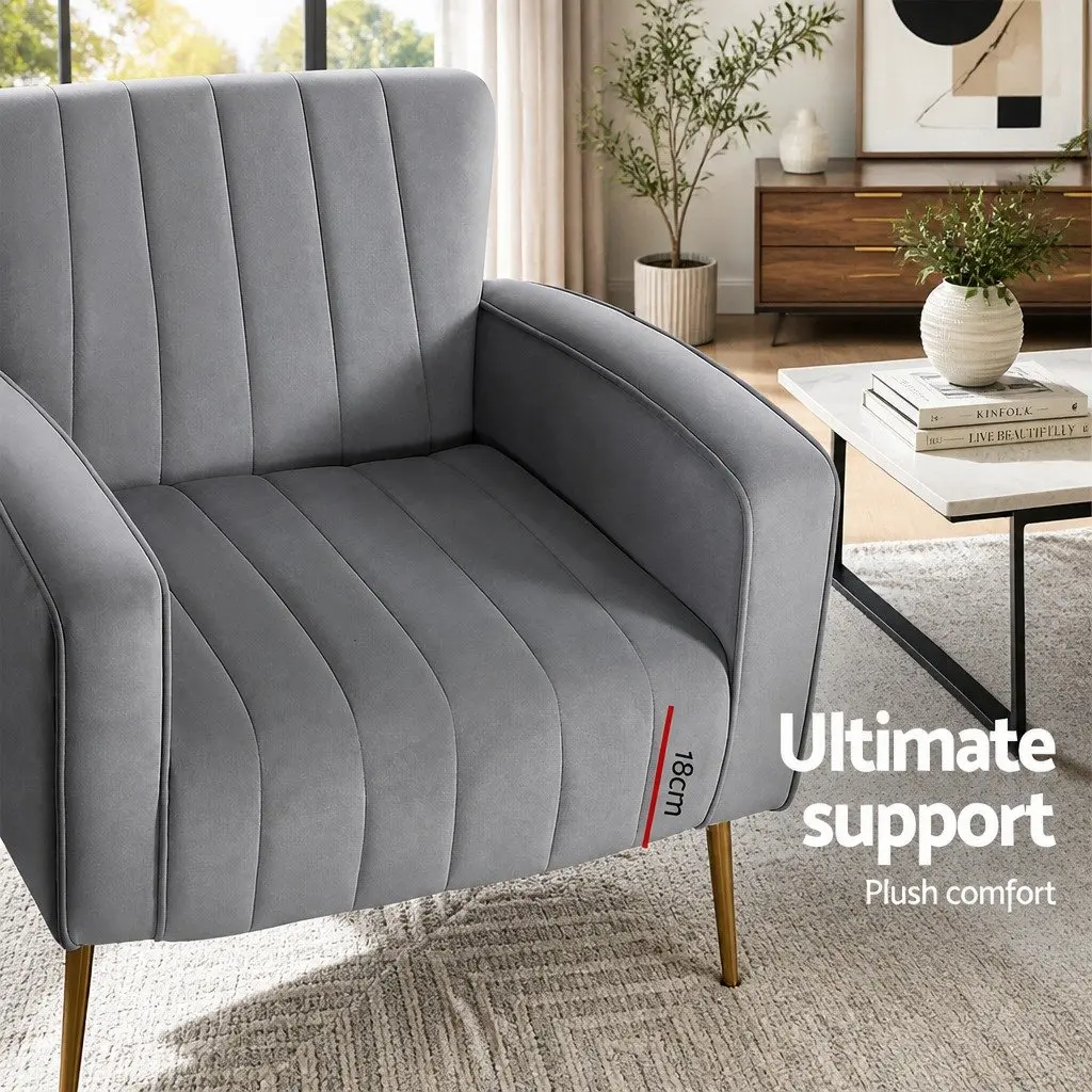 Grey Velvet Armchair with High Back