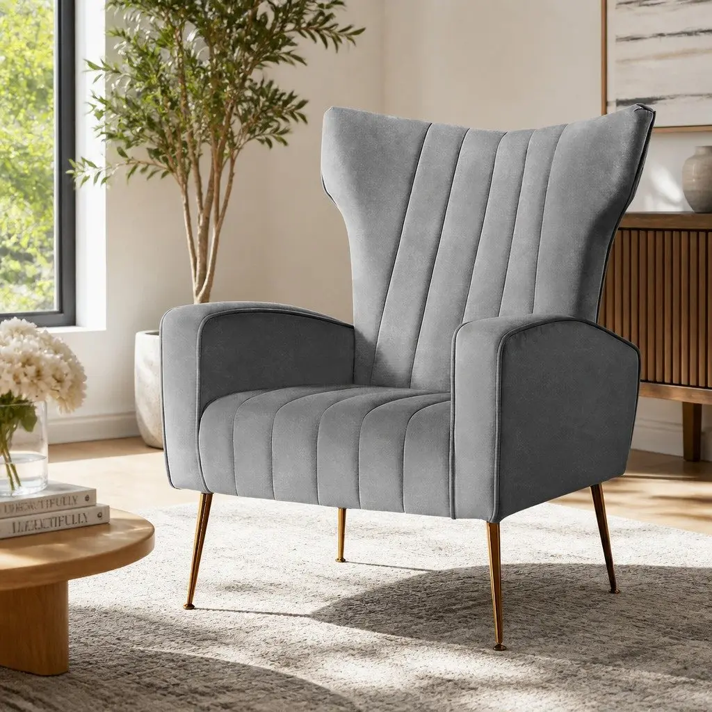 Grey Velvet Armchair with High Back