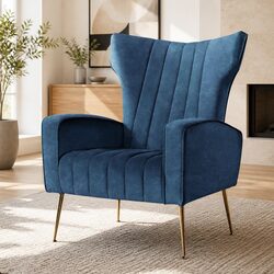 Specifications for Navy Velvet High Back Armchair with Golden Legs