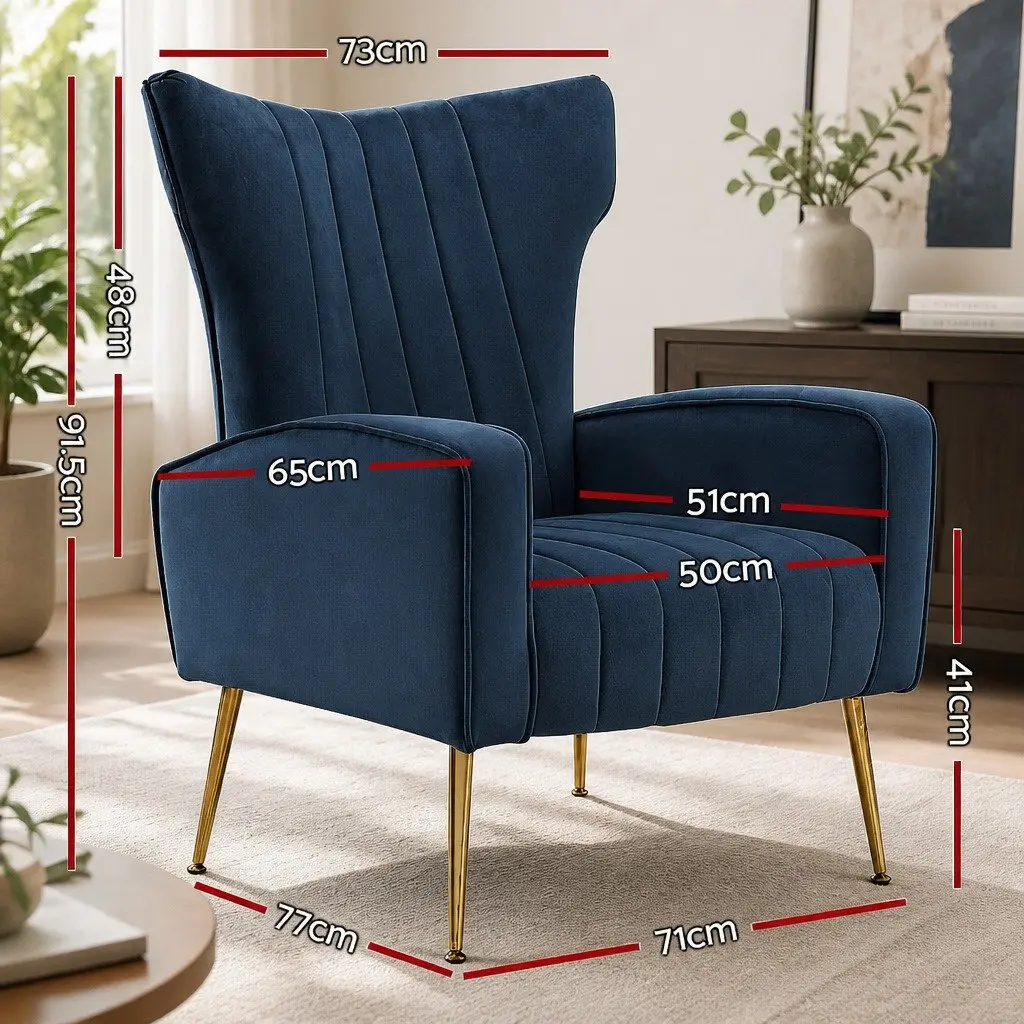 Armchair for Living Room Navy Velvet High Back Wide Seat Wooden Frame Golden Legs
