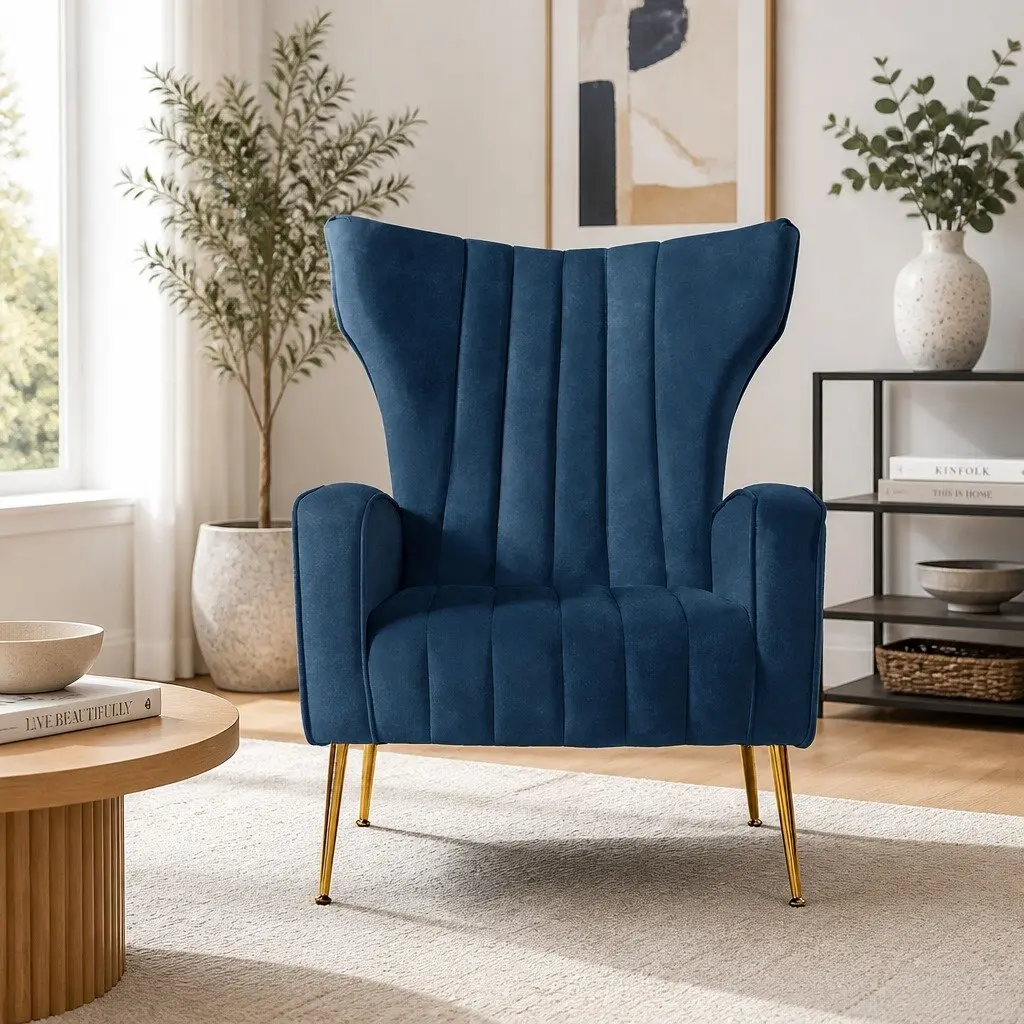 Armchair for Living Room Navy Velvet High Back Wide Seat Wooden Frame Golden Legs