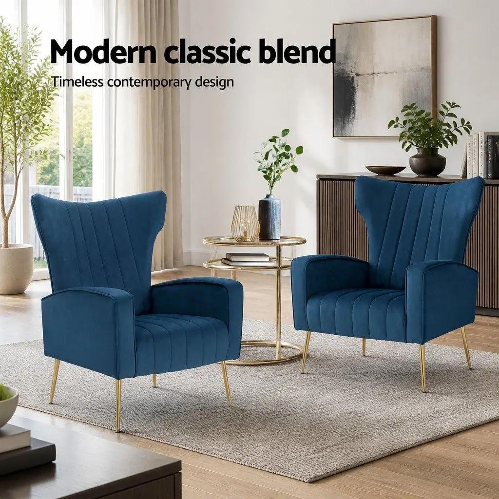 Armchair for Living Room Navy Velvet High Back Wide Seat Wooden Frame Golden Legs