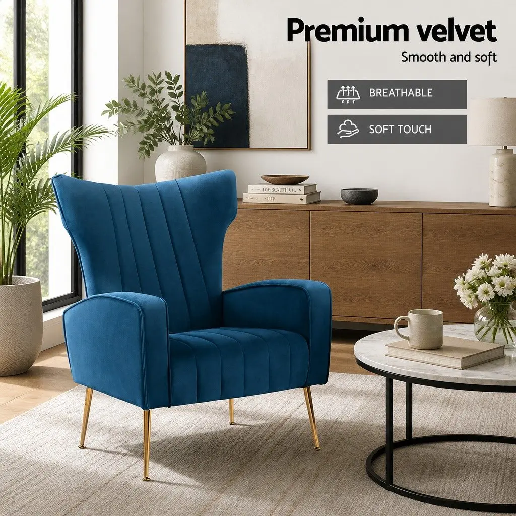 Armchair for Living Room Navy Velvet High Back Wide Seat Wooden Frame Golden Legs