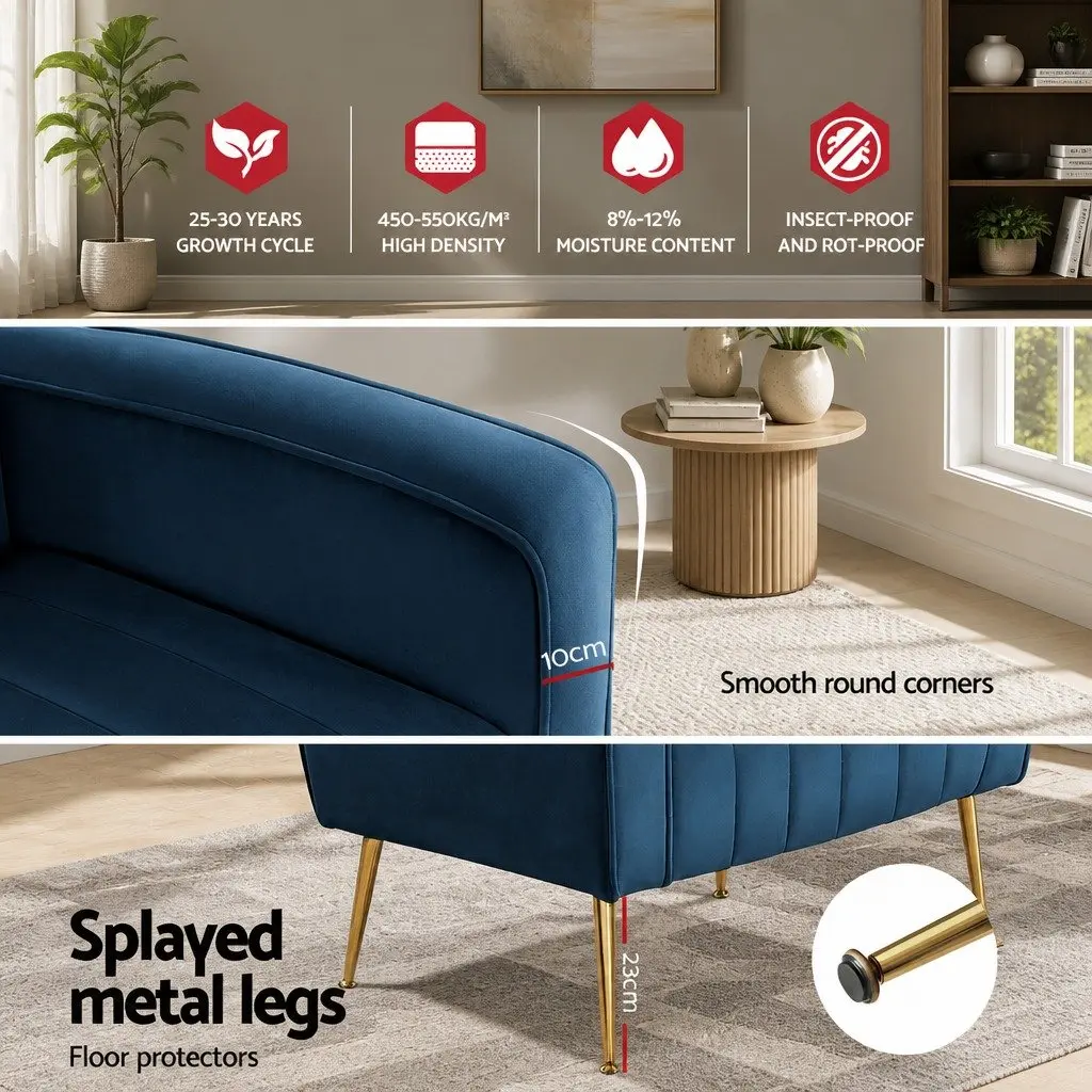 Armchair for Living Room Navy Velvet High Back Wide Seat Wooden Frame Golden Legs