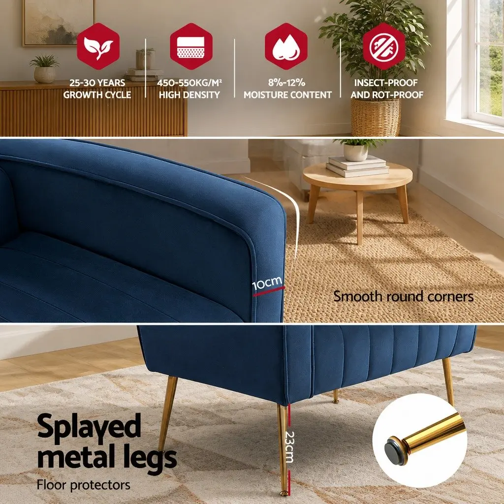 Armchair for Living Room Navy Velvet High Back Wide Seat Wooden Frame Golden Legs