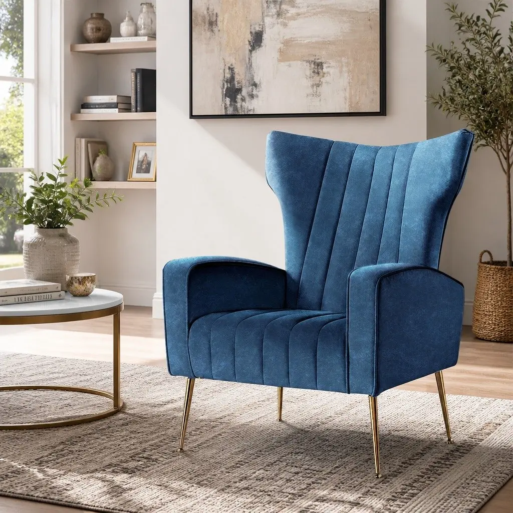 Armchair for Living Room Navy Velvet High Back Wide Seat Wooden Frame Golden Legs