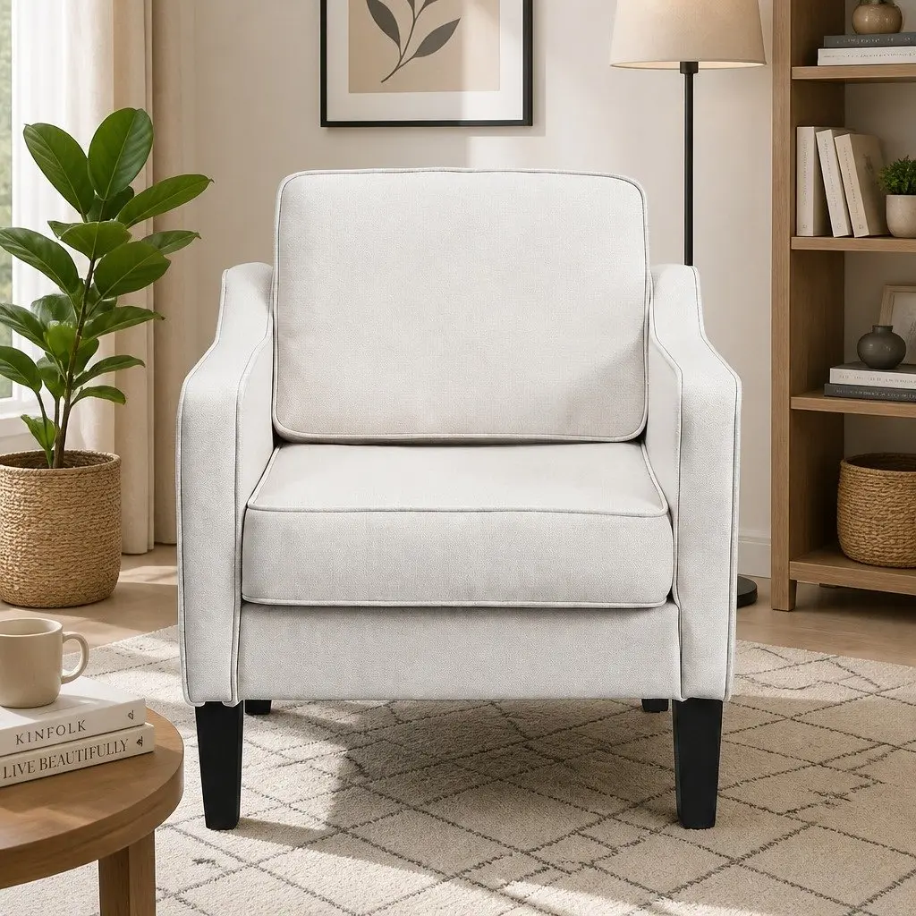 Accent Armchair for Living Room Bedroom Office Soft Linen Fabric Curved Armrest Thick Cushion