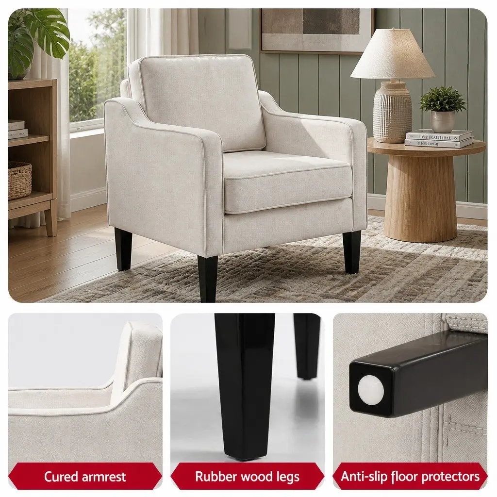 Accent Armchair for Living Room Bedroom Office Soft Linen Fabric Curved Armrest Thick Cushion