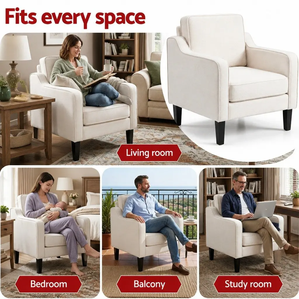 Accent Armchair for Living Room Bedroom Office Soft Linen Fabric Curved Armrest Thick Cushion