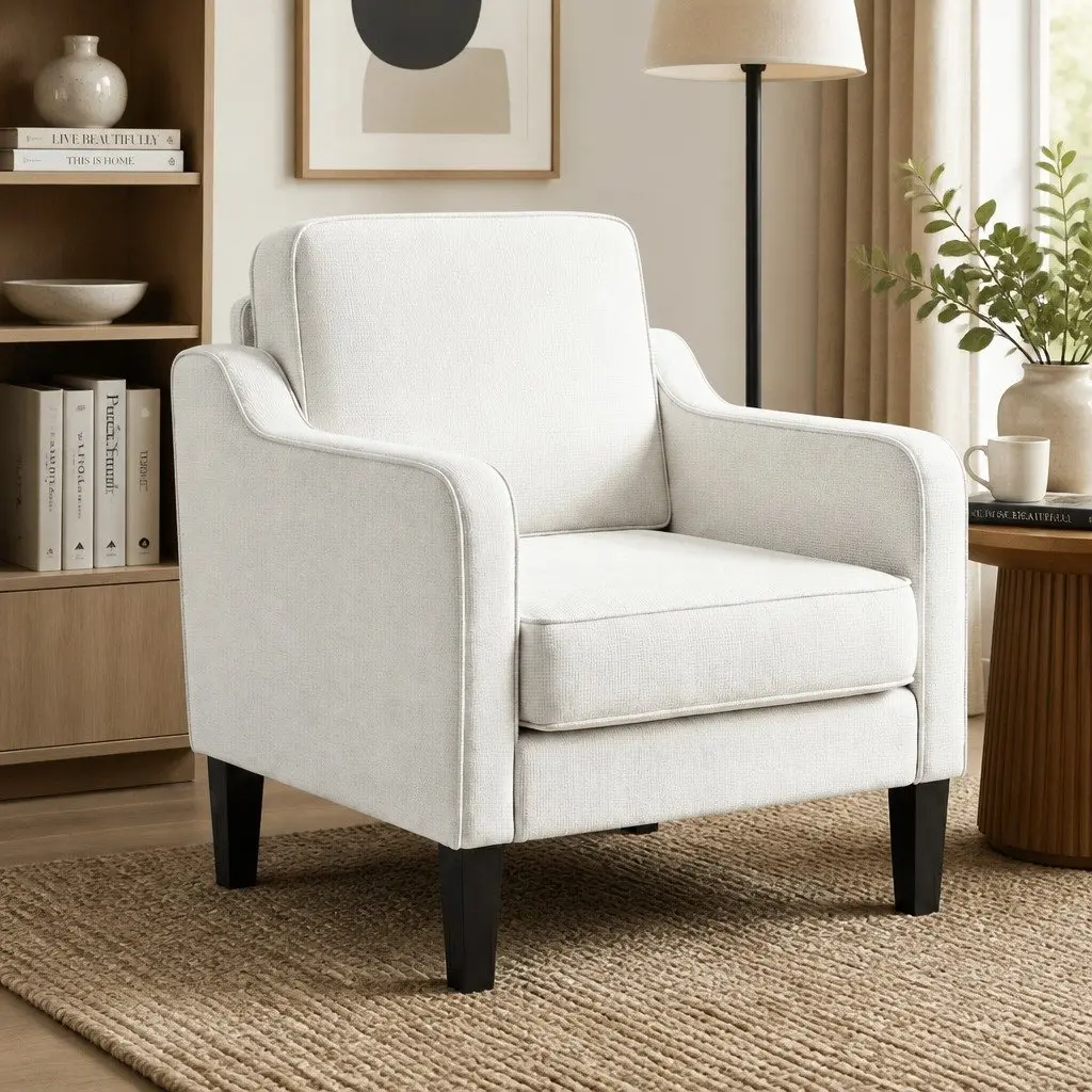 Accent Armchair for Living Room Bedroom Office Soft Linen Fabric Curved Armrest Thick Cushion