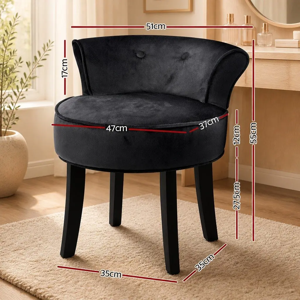 Vanity Stool for Dressing Table Black Velvet Upholstered with Button Tufted Backrest Padded Seat