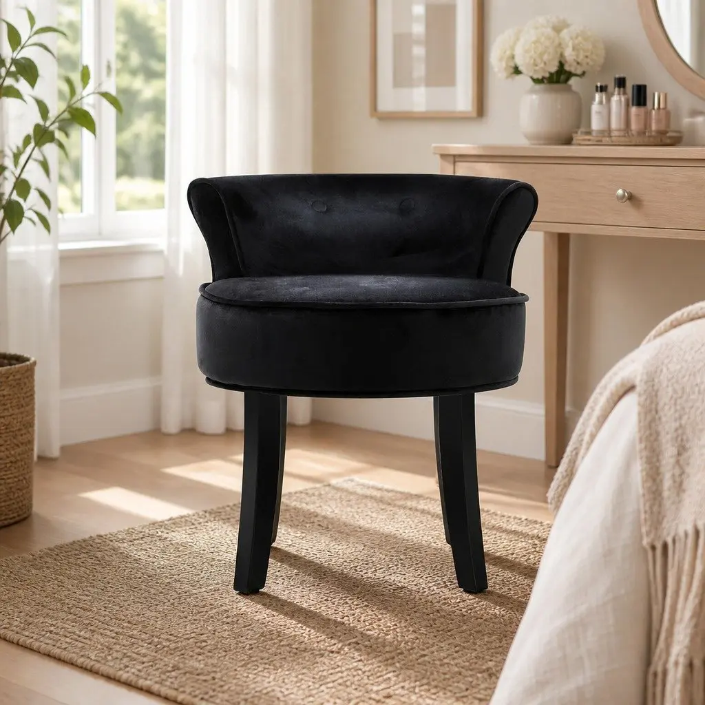 Vanity Stool for Dressing Table Black Velvet Upholstered with Button Tufted Backrest Padded Seat