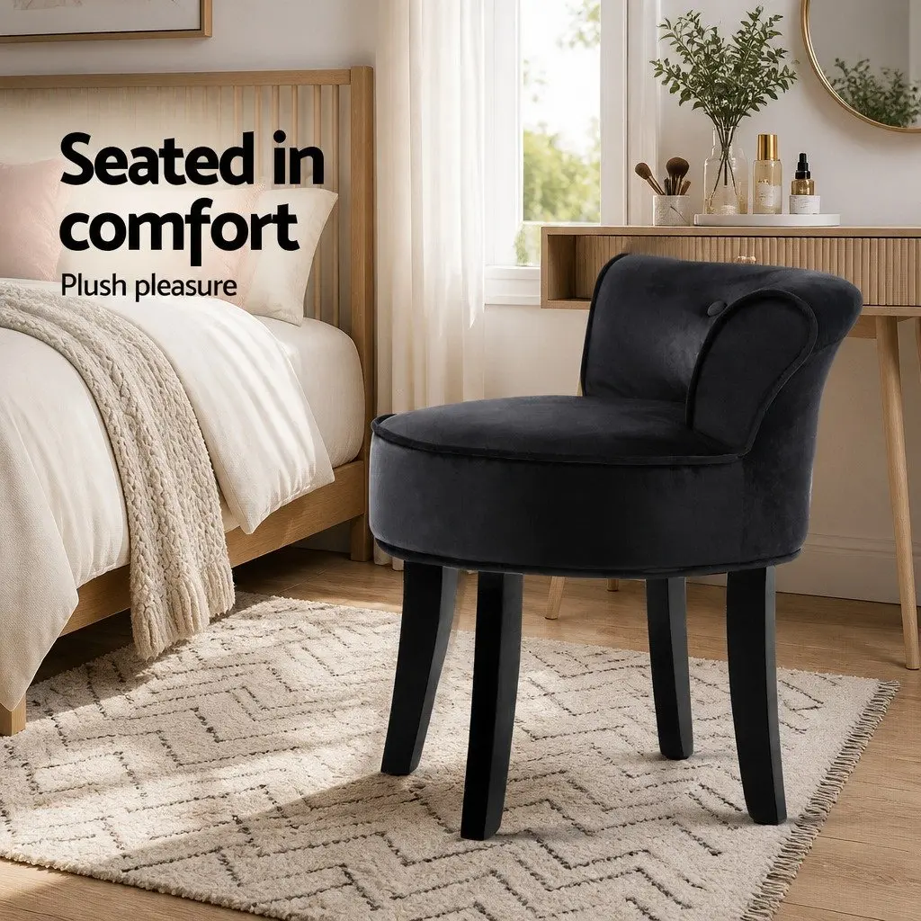 Vanity Stool for Dressing Table Black Velvet Upholstered with Button Tufted Backrest Padded Seat