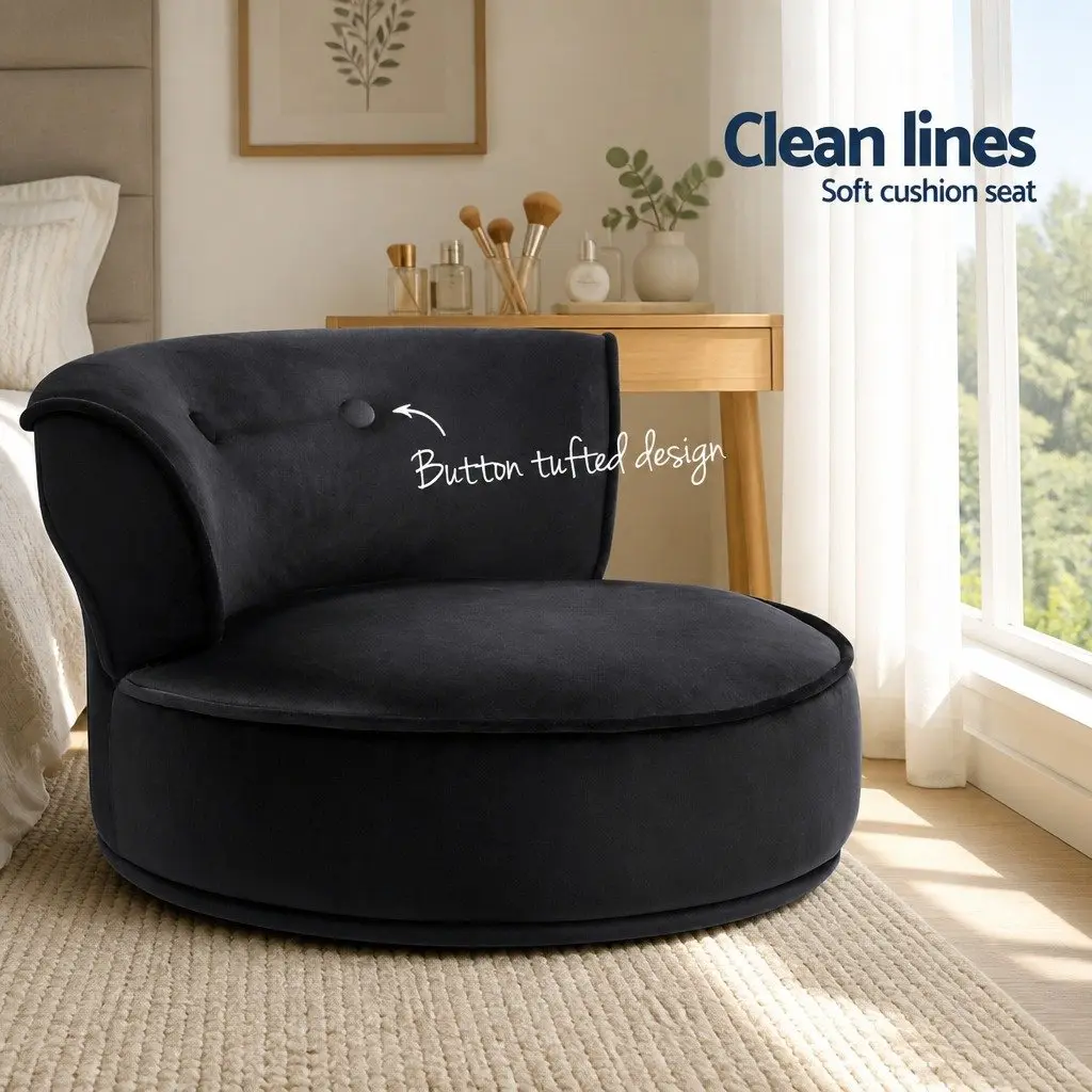 Vanity Stool for Dressing Table Black Velvet Upholstered with Button Tufted Backrest Padded Seat