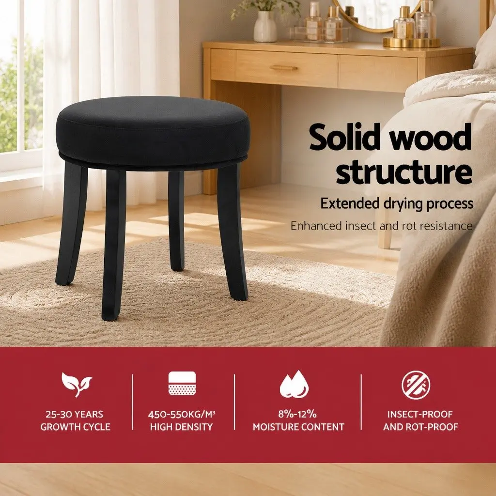 Vanity Stool for Dressing Table Black Velvet Upholstered with Button Tufted Backrest Padded Seat