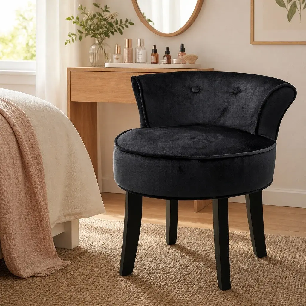 Vanity Stool for Dressing Table Black Velvet Upholstered with Button Tufted Backrest Padded Seat